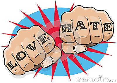 Vintage Pop Art Love and Hate Punching Fists. Vector Illustration