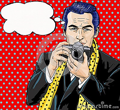 Vintage Pop Art Man with photo camera and with speech bubble. Party invitation. Man from comics. Playboy. Dandy. Gentleman club. Stock Photo