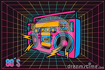 Retro Pop Party Eighties 80`s Party Recorder, neon cartoon style Vector Illustration