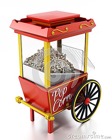 Vintage popcorn cart isolated on white background. 3D illustration Cartoon Illustration