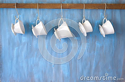 Vintage porcelain coffee filters, hanging, fre Stock Photo