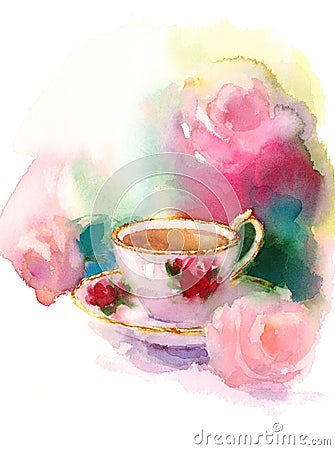 Vintage Porcelain Cup of Berry Tea and Roses Watercolor Still Life Illustration Hand Drawn Cartoon Illustration