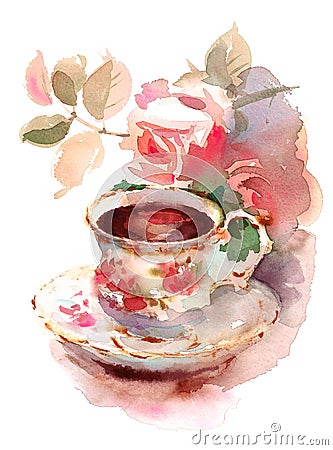 Vintage Porcelain Cup of Berry Tea and Roses Watercolor Still Life Illustration Hand Drawn Cartoon Illustration