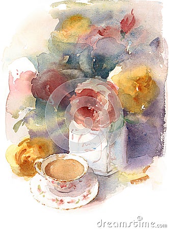 Vintage Porcelain Cup of Tea and Roses Watercolor Still Life Illustration Hand Drawn Cartoon Illustration