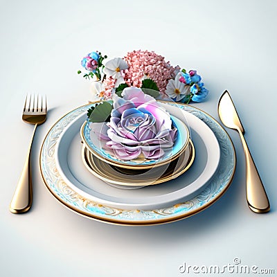 Vintage porcelain tableware, cutlery and flowers Generative AI Stock Photo