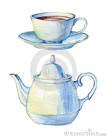Vintage porcelain teapot and cup on white background. Cartoon Illustration