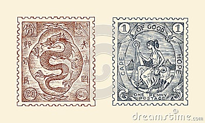 Vintage Postage stamp for album. Red japanese dragon. Retro old Sketch. Monochrome Postcard sticker. Hand drawn engraved Vector Illustration