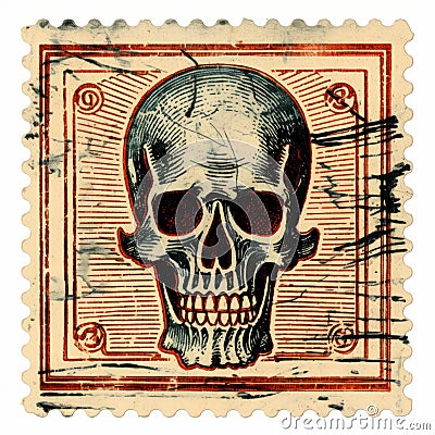 Vintage Postage Stamp With Eerily Realistic Skull - Americana Iconography Cartoon Illustration