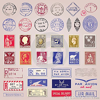 Vintage Postage Stamps, Marks And Stickers Vector Illustration