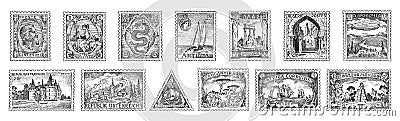 Vintage Postage stamps set. Ancient landscapes, dragon and sailing ship. Retro old Sketch. Monochrome Postcard. Hand Vector Illustration