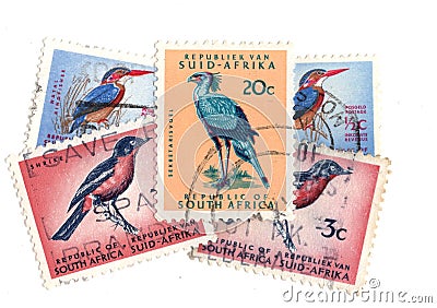 Vintage postage stamps from South Africa featuring birds. Editorial Stock Photo