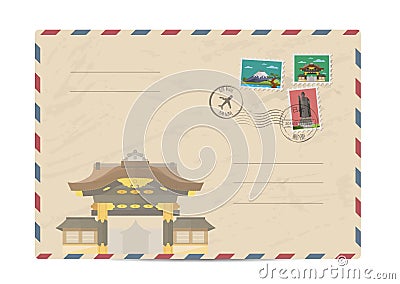 Vintage postal envelope with Japan stamps Vector Illustration