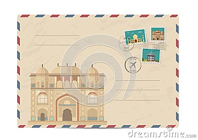 Vintage postal envelope with stamps Vector Illustration