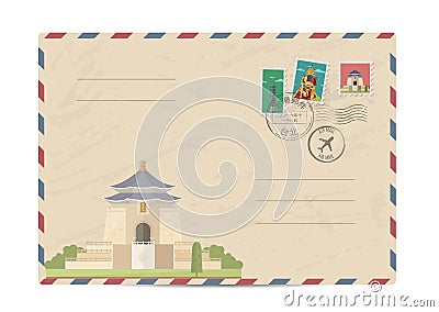 Vintage postal envelope with Taiwan stamps Vector Illustration