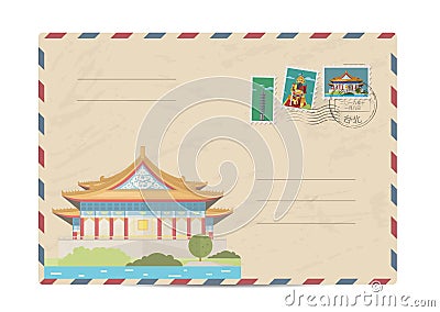 Vintage postal envelope with Taiwan stamps Vector Illustration