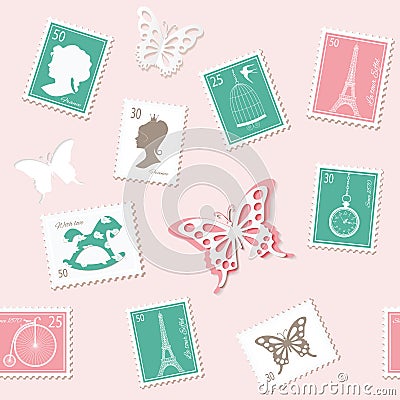 Vintage postal seamless background with different retro stamps. Decorative pattern in pastel pink. For wedding or scrapbook design Cartoon Illustration