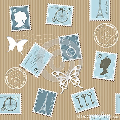 Vintage postal seamless pattern background. Vector Illustration