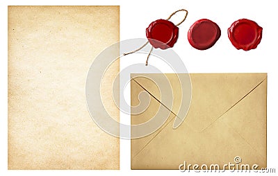 Vintage postal set: envelope, paper and wax seals Stock Photo
