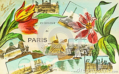 Vintage postcard collage Greetings from Paris (France) Editorial Stock Photo