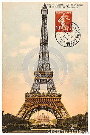 Vintage postcard with Eiffel Tower in Paris Editorial Stock Photo