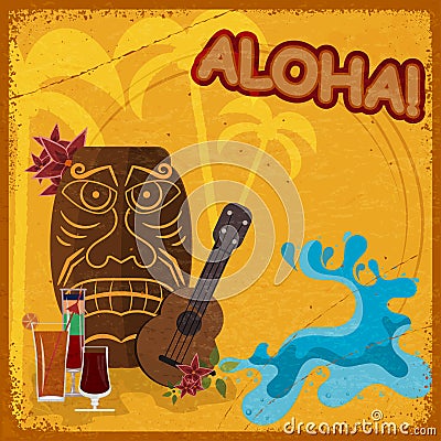 Vintage postcard with featuring Hawaiian masks, guitars Vector Illustration