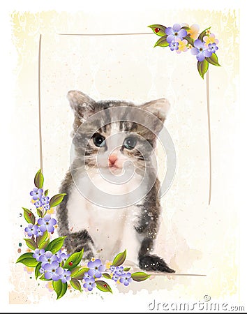 Vintage postcard with kitten. Vector Illustration