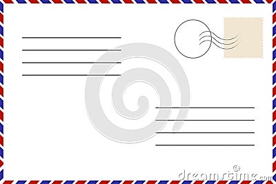 Vintage postcard. Old template. Retro airmail envelope with stamp Vector Illustration