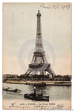 Vintage postcard with picture from Eiffel Tower in Paris Editorial Stock Photo