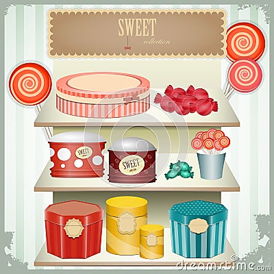 Vintage postcard - shop sweets, confectionery Vector Illustration