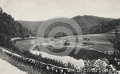 Vintage postcard from 1904 showing La Semois in the village of Frahan, Ardennes Editorial Stock Photo