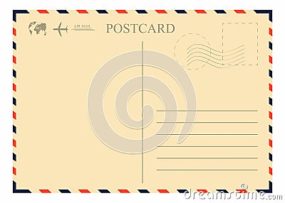 Vintage postcard template. Retro airmail envelope with stamp, airplane and globe Vector Illustration