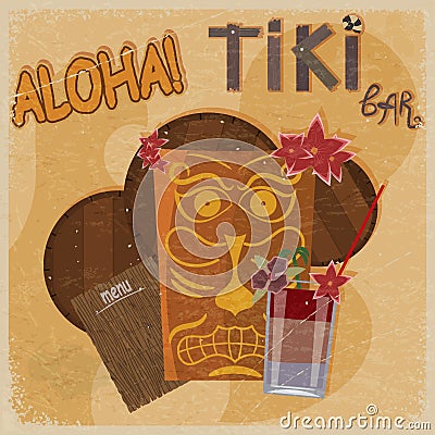 Vintage postcard - for tiki bar sign - featuring Hawaiian masks, Vector Illustration