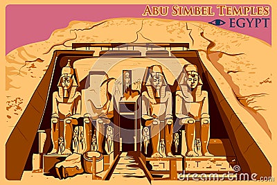 Vintage poster of Abu Simbel Temples in Nubia famous monument in Egypt Vector Illustration