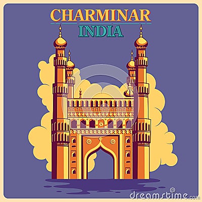 Vintage poster of Charminar in Hyderabad famous monument of India Cartoon Illustration
