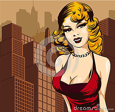 Vintage poster with cityscape , retro woman singer and moon. Red dress on woman. Retro microphone. Jazz, soul and blues live music Vector Illustration