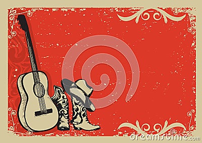 Vintage poster with cowboy boots and music guitar Vector Illustration