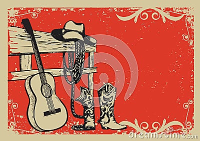 Vintage poster with cowboy clothes and music guitar Vector Illustration
