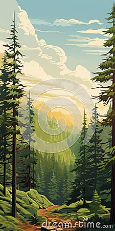Vintage Poster Design: Pine Forest In Rocky Mountains Stock Photo