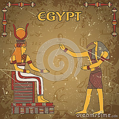 Vintage poster with egyptian god and pharaoh on the grunge background with silhouettes of the ancient egyptian hieroglyphs. Vector Illustration