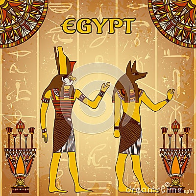 Vintage poster with egyptian gods on the grunge background with silhouettes of the ancient egyptian hieroglyphs. Vector Illustration