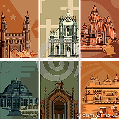 Vintage poster of famous landmark place with heritage monument in India Vector Illustration