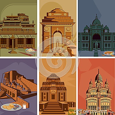 Vintage poster of famous landmark place with heritage monument in India Vector Illustration