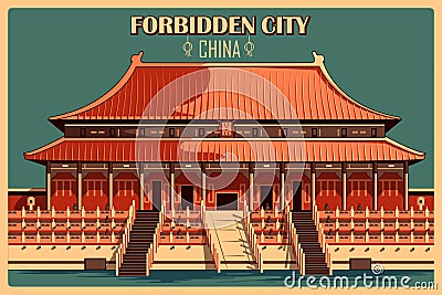 Vintage poster of Forbidden City in Beijing famous monument in China Vector Illustration