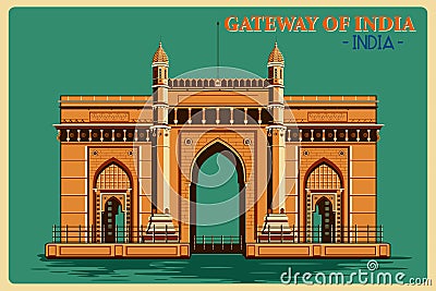 Vintage poster of Gateway of India in Mumbai famous monument of India Cartoon Illustration