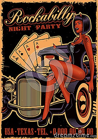 Vintage poster with girl devil on the classic car. Vector Illustration