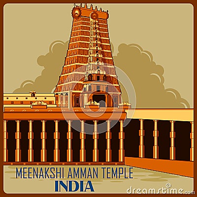 Vintage poster of Meenakshi Amman Temple in Tamil Nadu famous monument of India Cartoon Illustration