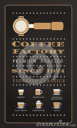 Vintage poster menu coffee factory in retro style Vector Illustration