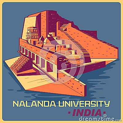 Vintage poster of Nalanda University in Bihar famous monument of India Cartoon Illustration