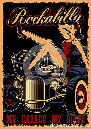 Vintage poster with pin up girl and classic car Vector Illustration