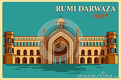 Vintage poster of Rumi Darwaza of Lucknow famous monument of India Cartoon Illustration